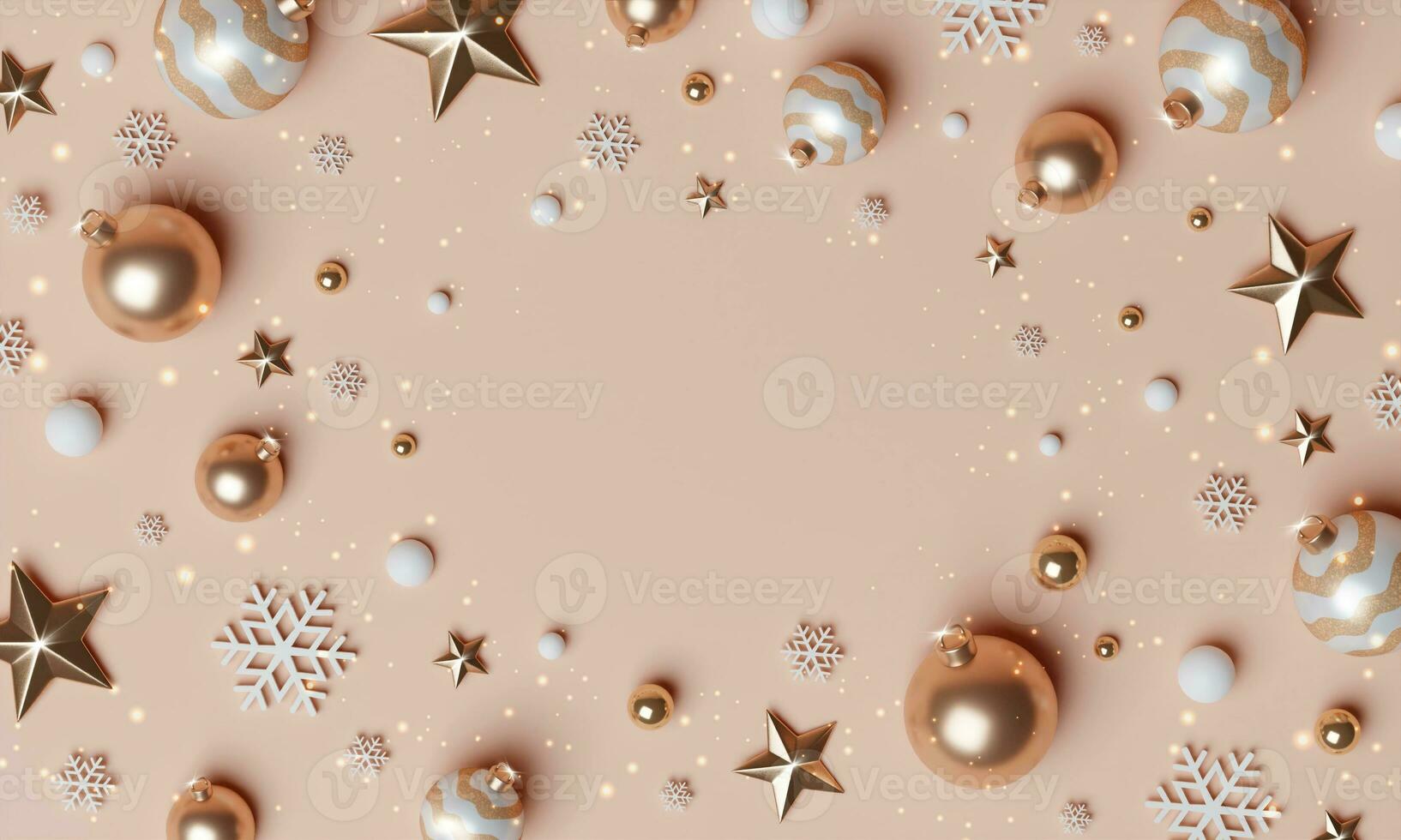 3d Christmas Abstract wallpaper. Realistic . Decorative festive elements glass bauble balls. Xmas holiday template podium. photo
