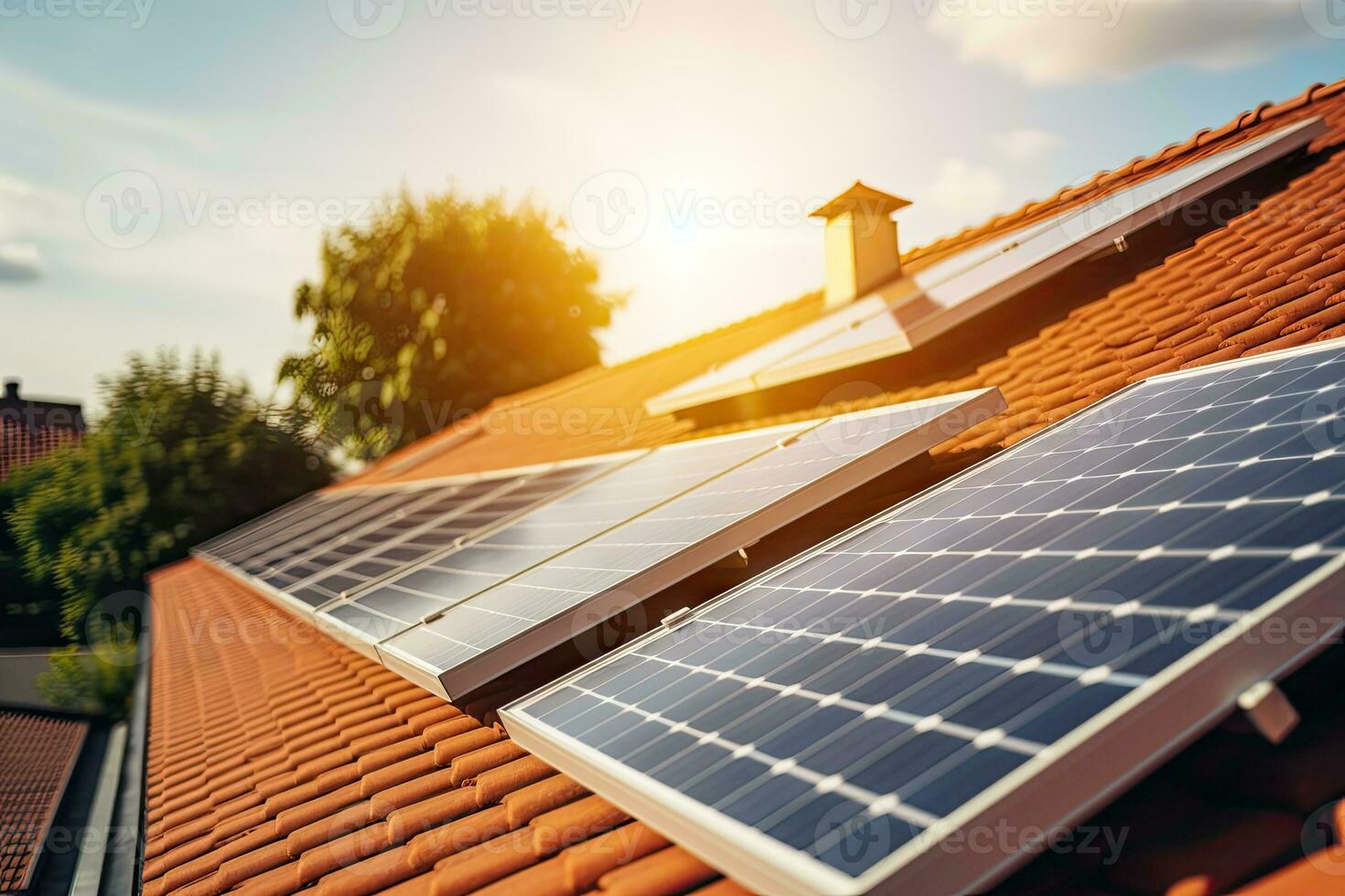 AI Generated Solar panels on the roof of the house Shows the use of renewable energy in daily life.by Generative AI. photo