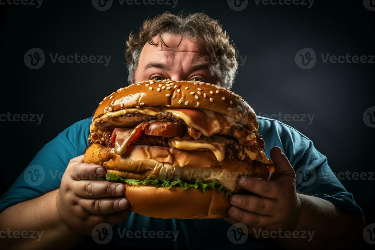 AI generated Fat man peeks out from behind a huge burger photo