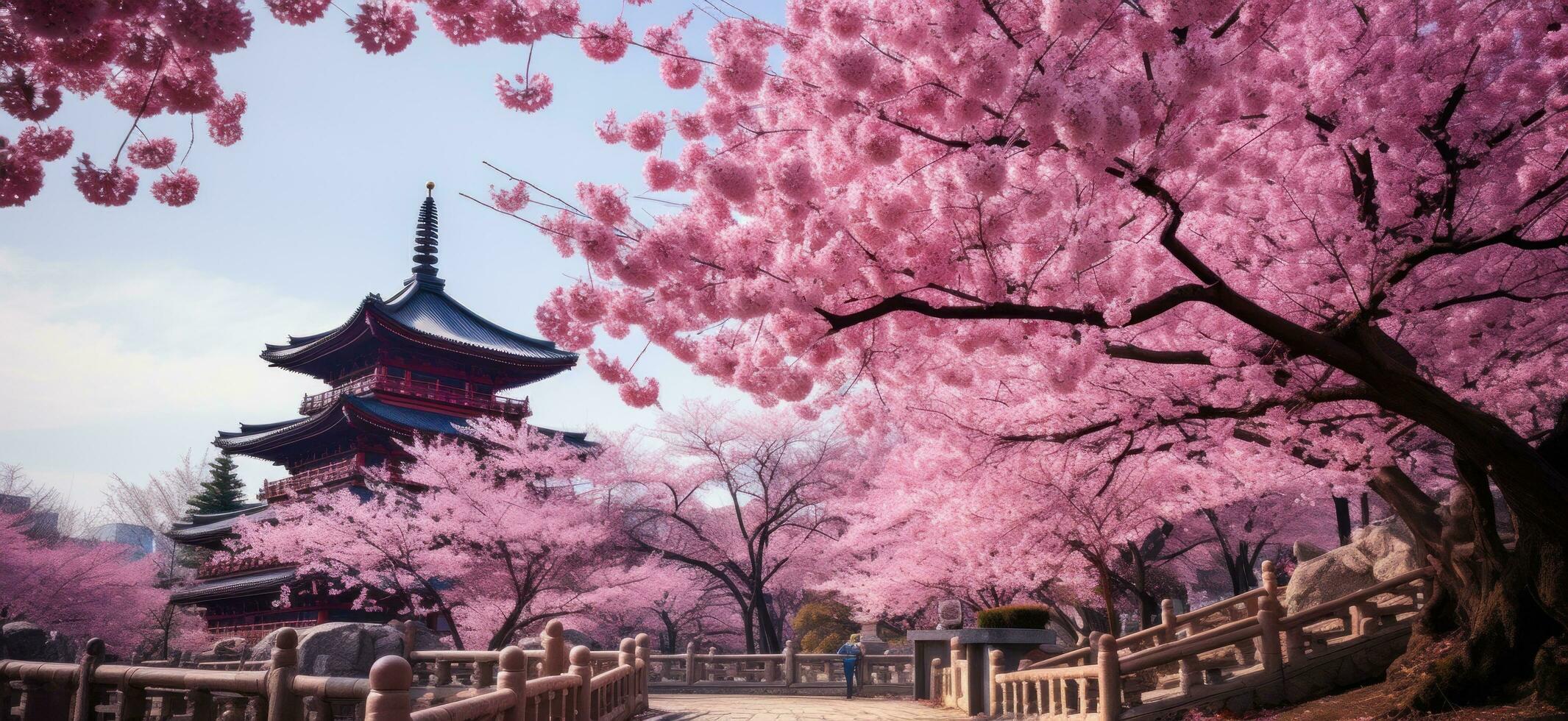 AI generated the beautiful blooming cherry tree in front of the beautiful pagoda photo