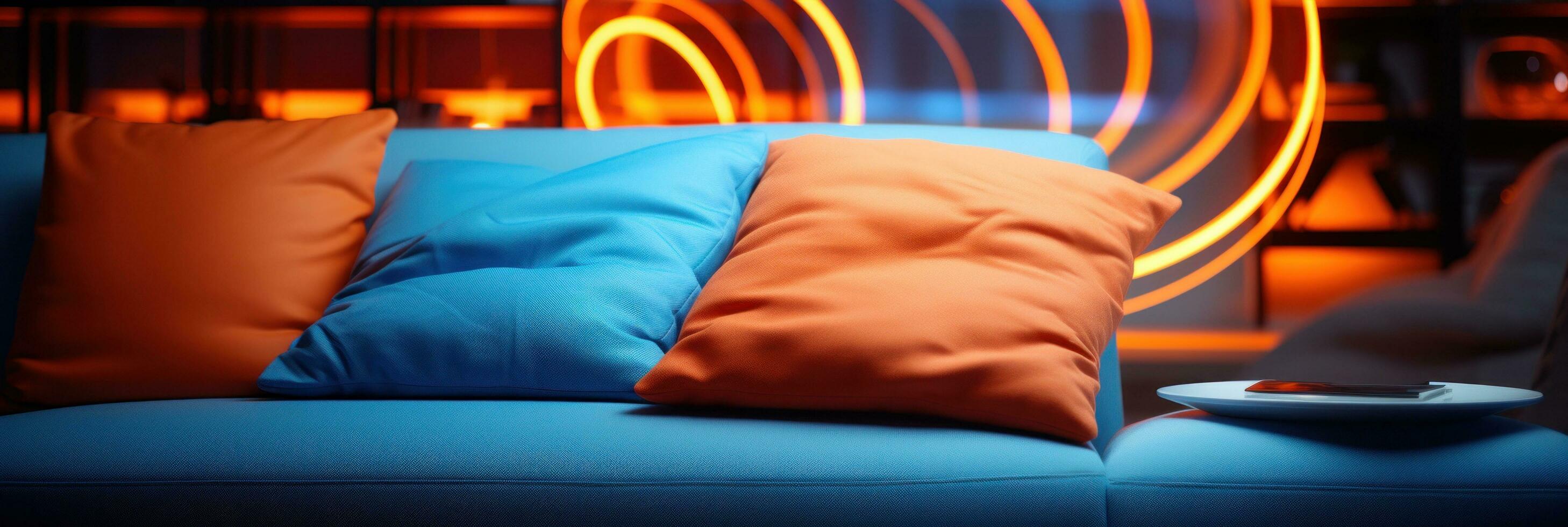 AI generated the blue and orange cushion is on its own table photo