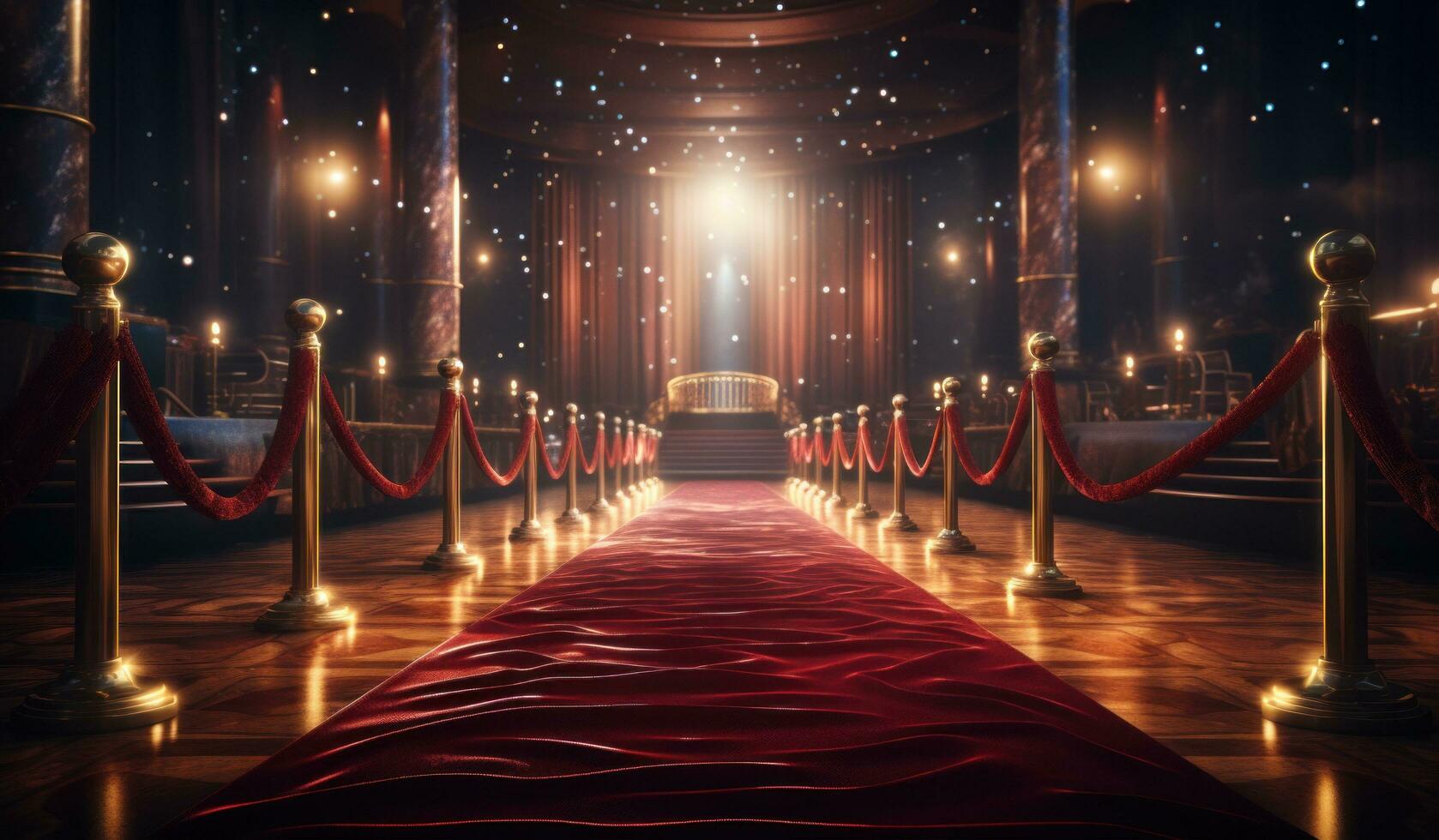 AI generated red carpet with ropes and spotlights photo