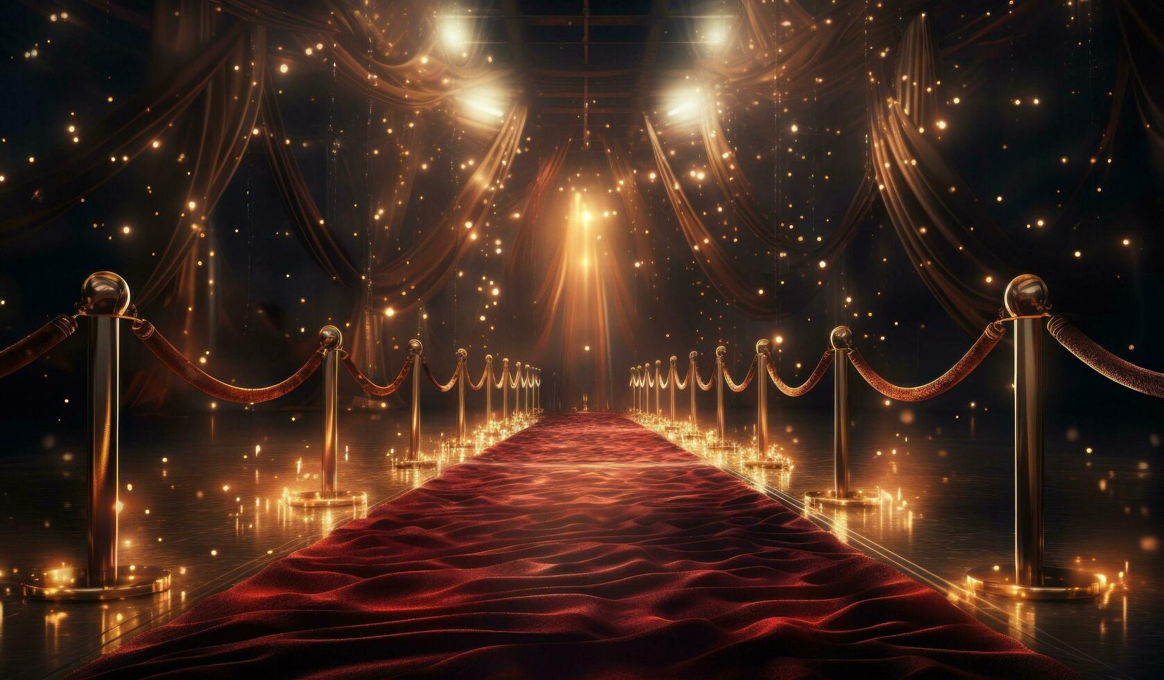 AI generated red carpet with ropes and spotlights photo