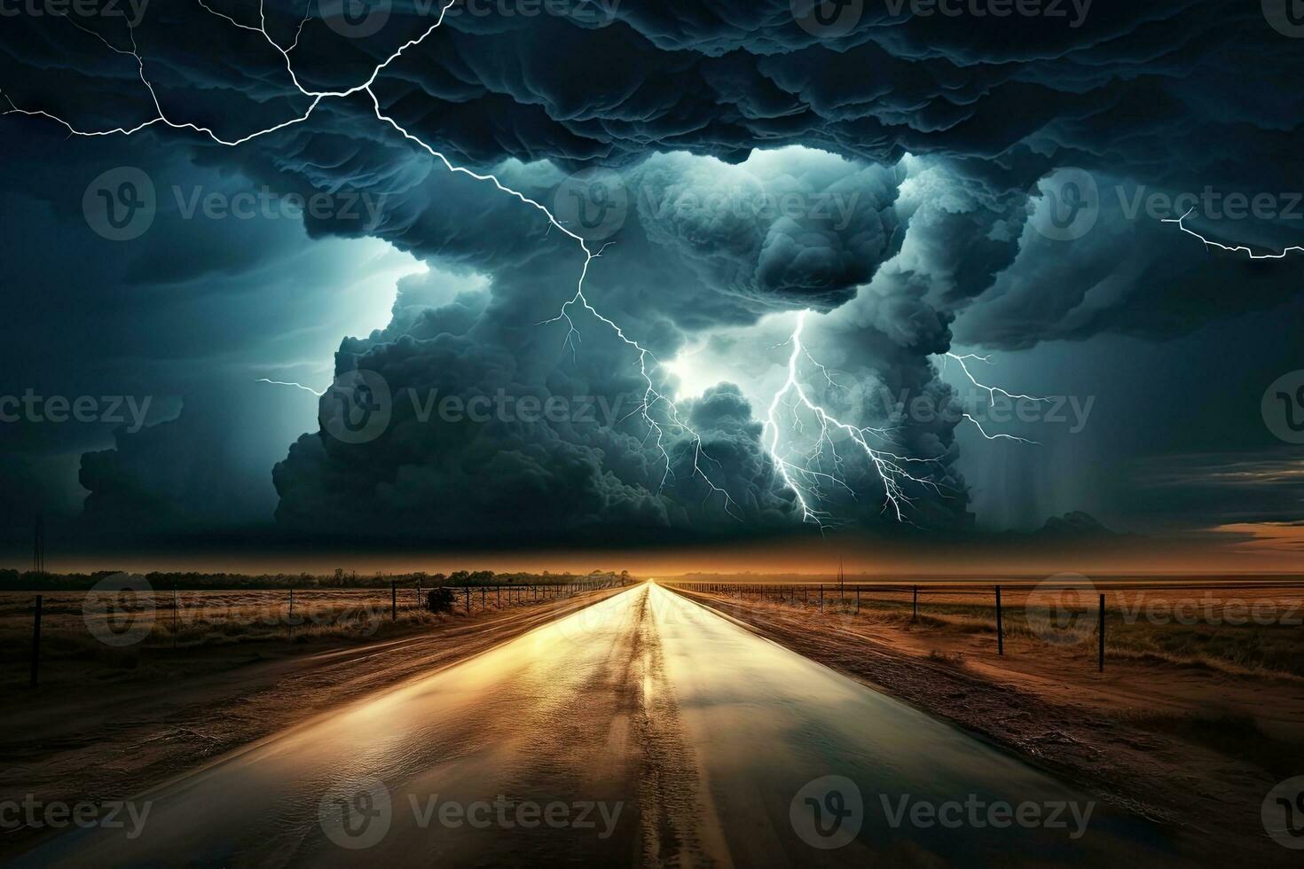 AI Generated Image of thunderstorms and overcast skies. View of a long road outside the city by Generative AI. photo