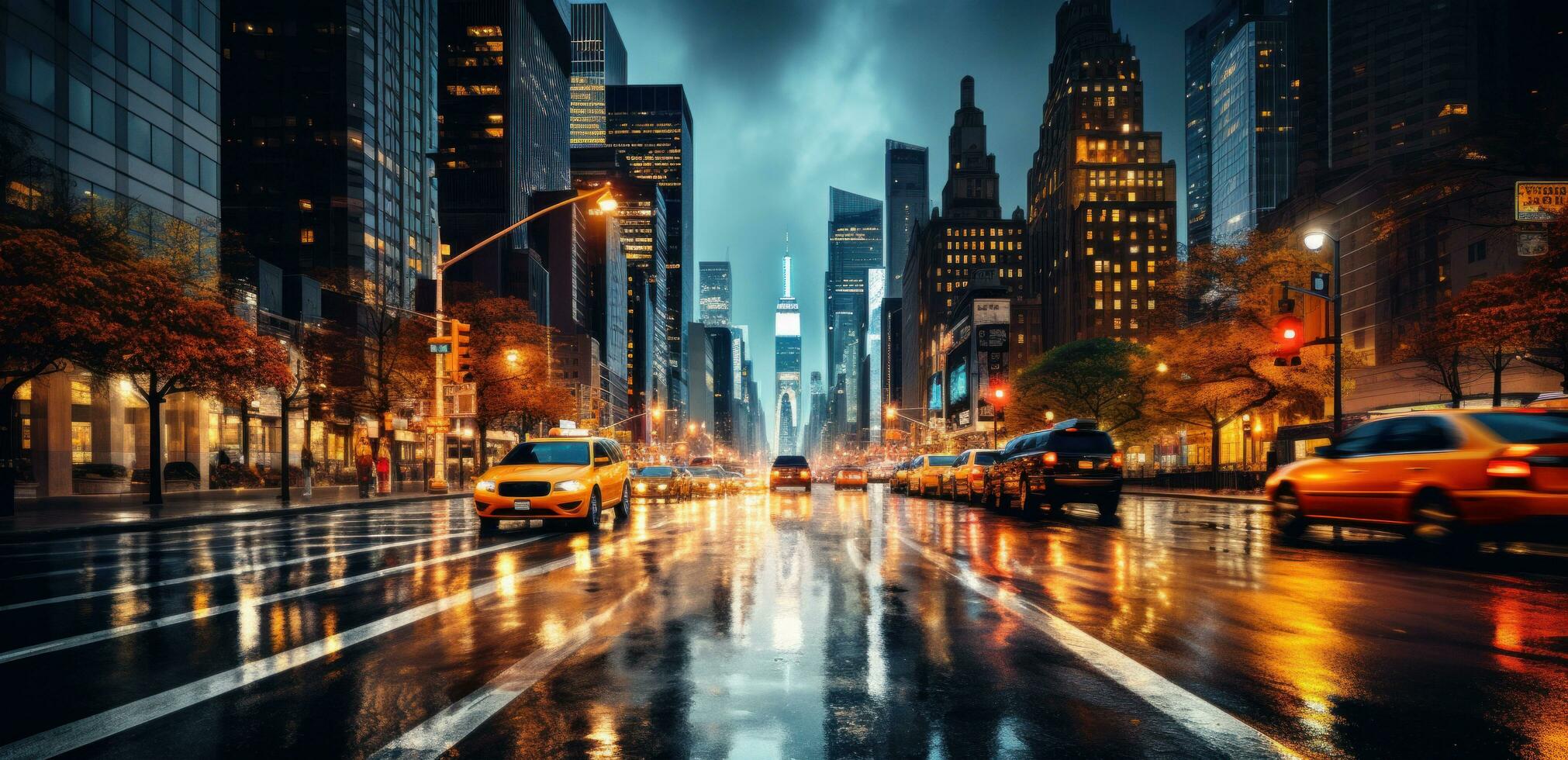 AI generated new york city night taxis passing by at night, rainsoaked streets photo