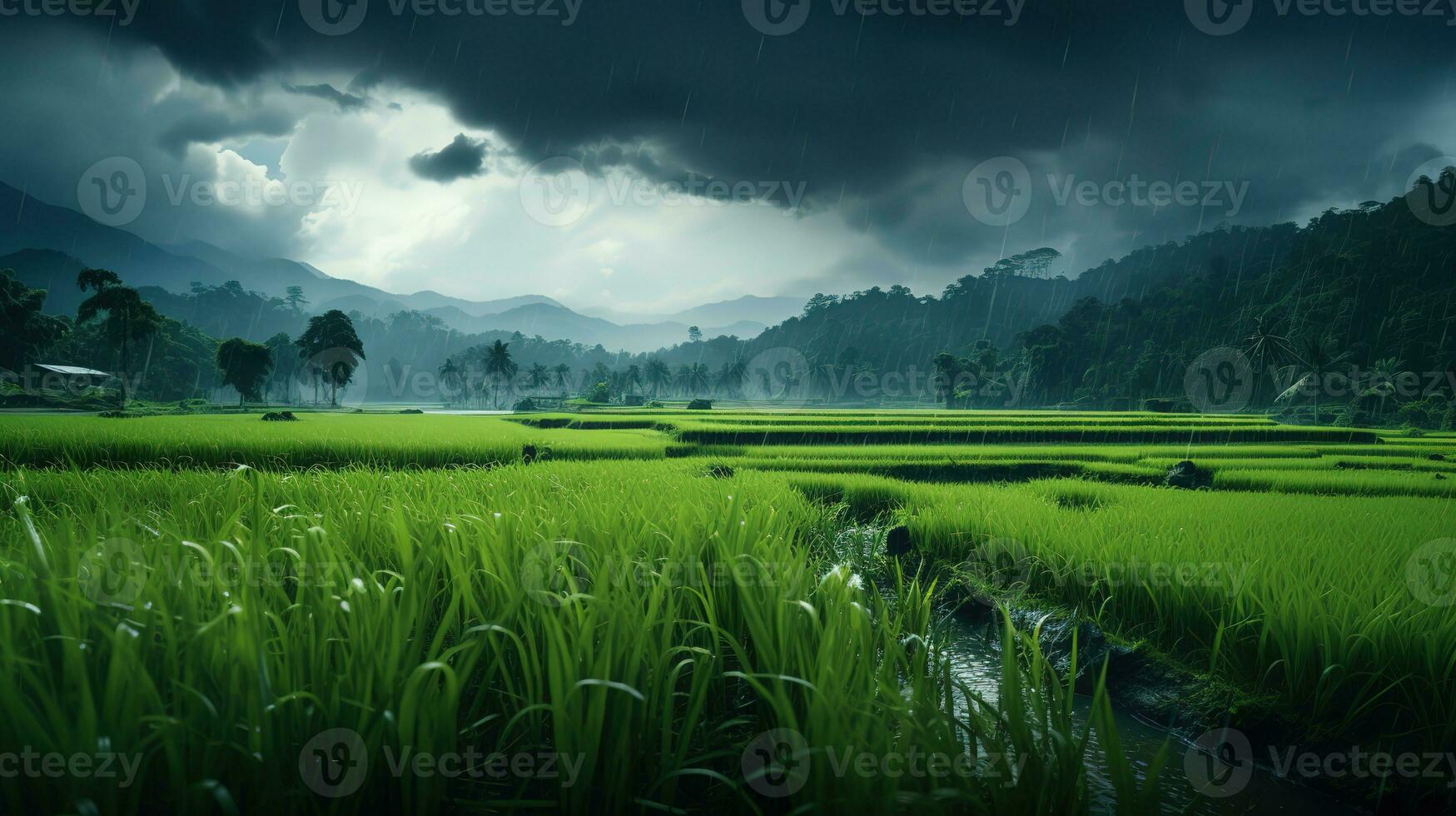 ai generado verde arroz campos en el lluvioso temporada hermosa natural paisaje foto