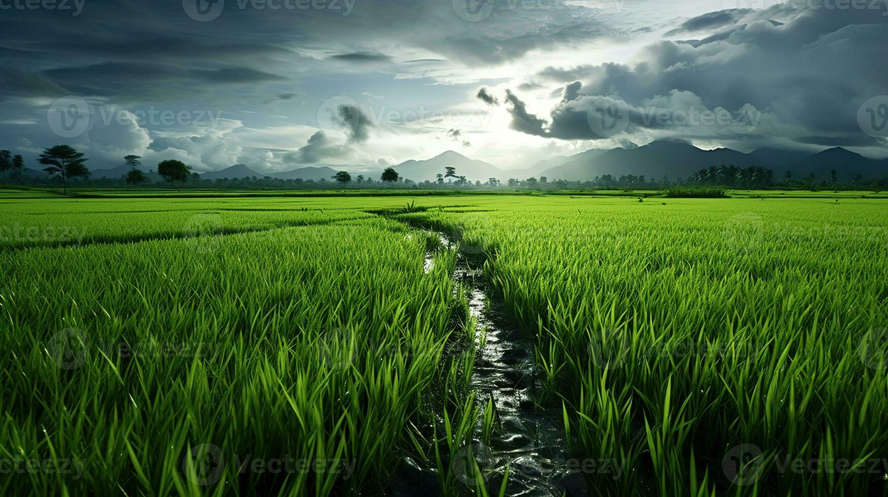 AI generated Green rice fields in the rainy season beautiful natural scenery photo