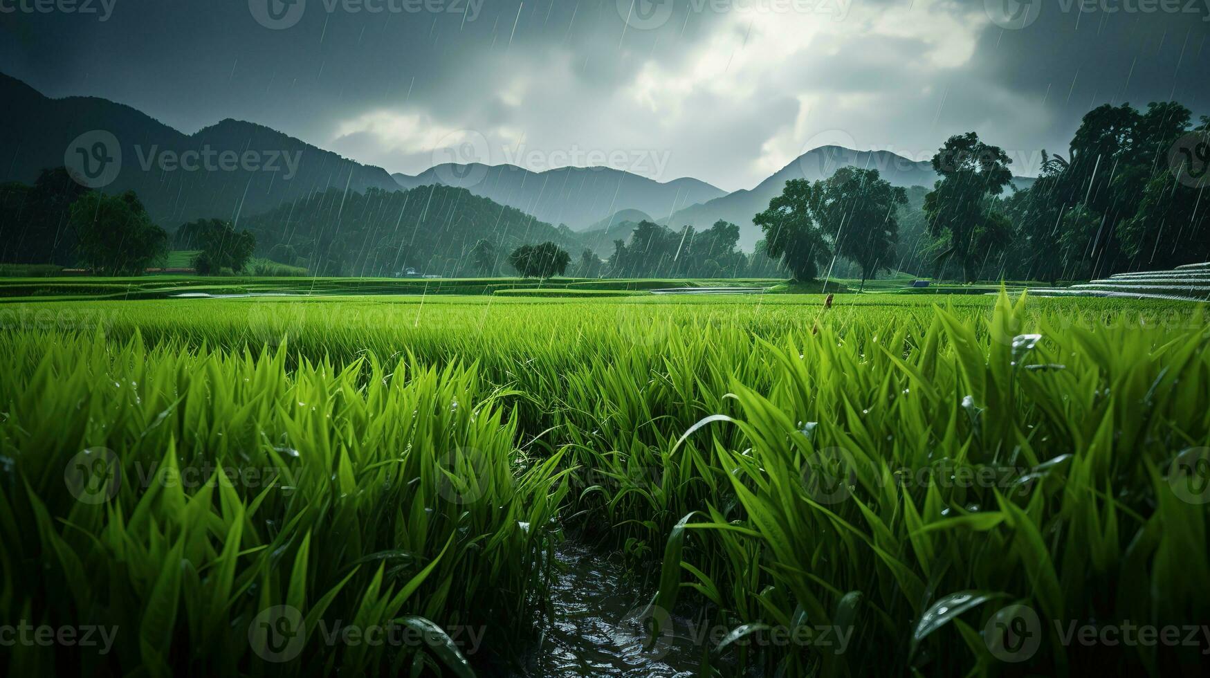 AI generated Green rice fields in the rainy season beautiful natural scenery photo