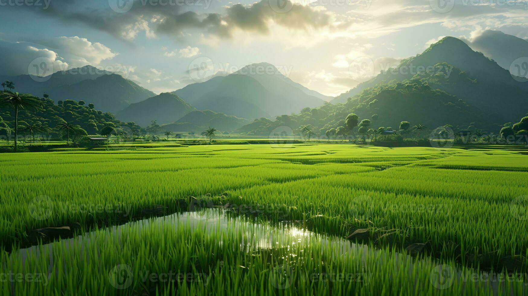 AI generated Green rice fields in the rainy season beautiful natural scenery photo