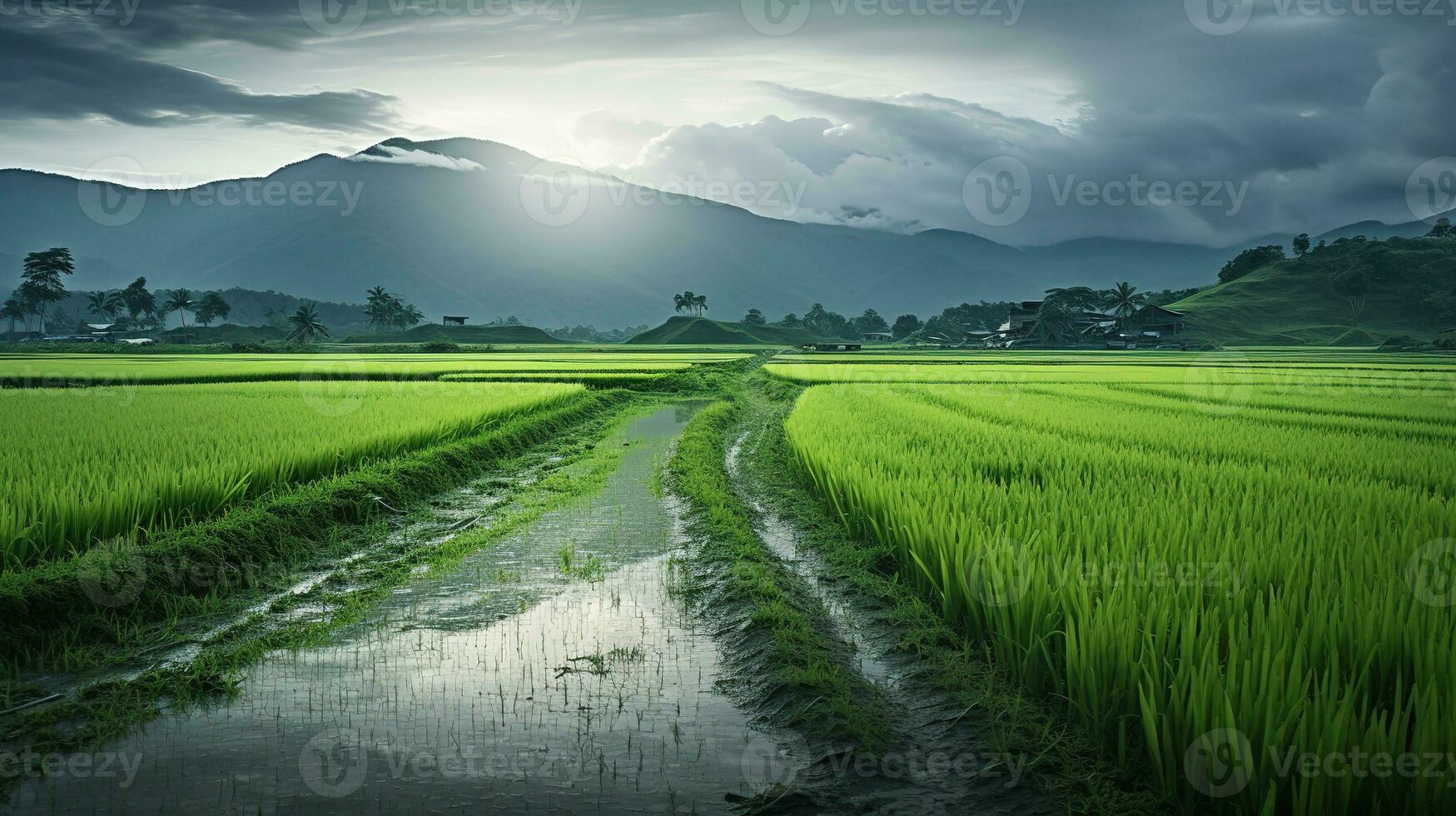 ai generado verde arroz campos en el lluvioso temporada hermosa natural paisaje foto