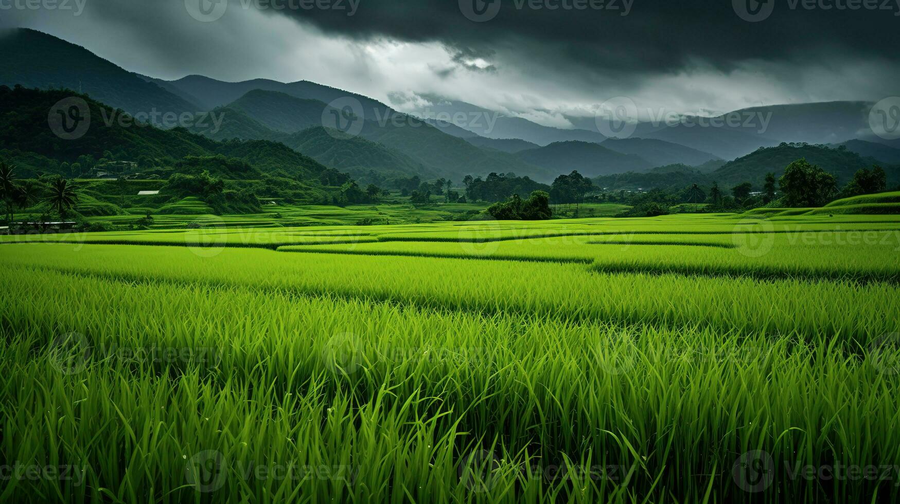 ai generado verde arroz campos en el lluvioso temporada hermosa natural paisaje foto