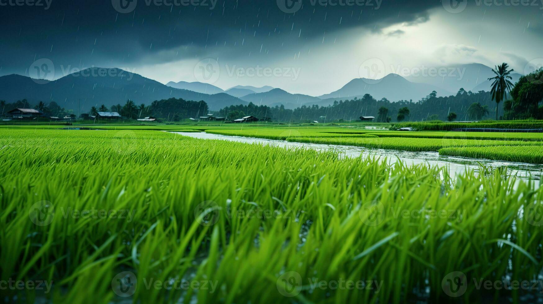 AI generated Green rice fields in the rainy season beautiful natural scenery photo