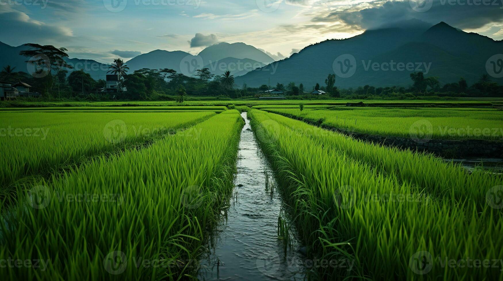 ai generado verde arroz campos en el lluvioso temporada hermosa natural paisaje foto