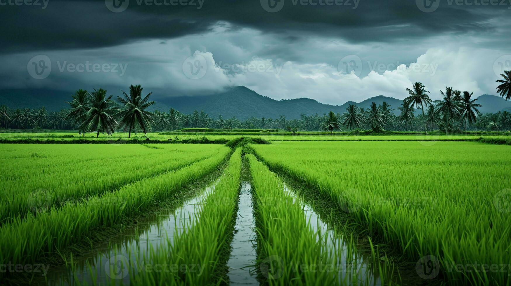 AI generated Green rice fields in the rainy season beautiful natural scenery photo