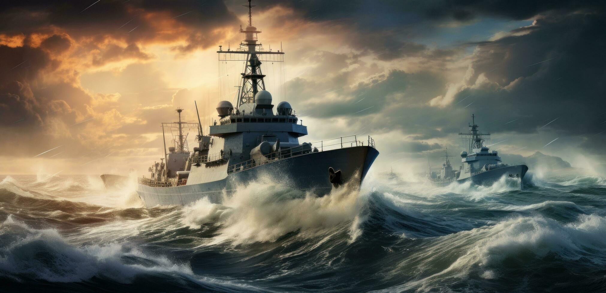 AI generated naval ships moving on the surface of the ocean during stormy day photo
