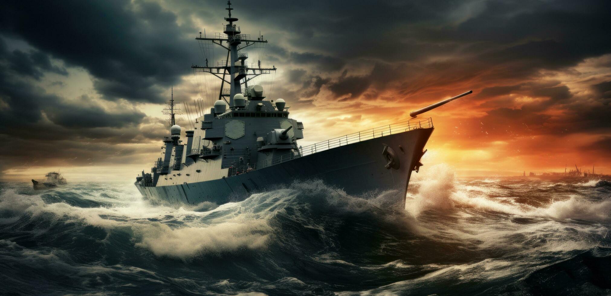 AI generated naval ships moving on the surface of the ocean during stormy day photo