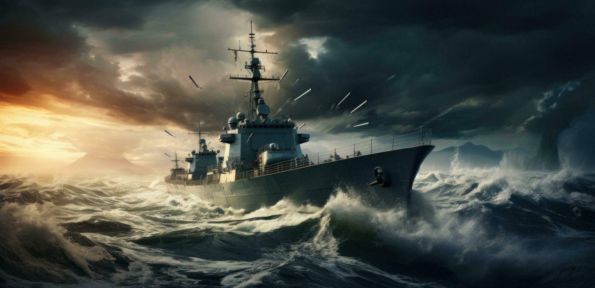 AI generated naval ships moving on the surface of the ocean during stormy day photo