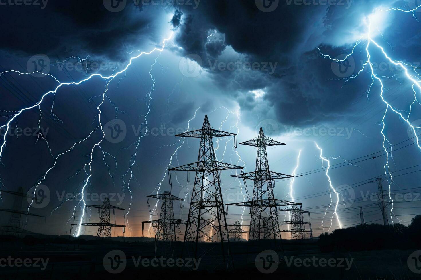 AI Generated image of intense downpour, tempest with lightning and gloomy skies above electrical towers.by Generative AI photo