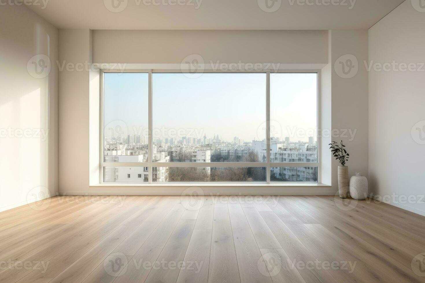 AI Generated Empty modern room with white walls and large windows Minimalist interior design in a luxury apartment The space is clean and contemporary by Generative AI photo