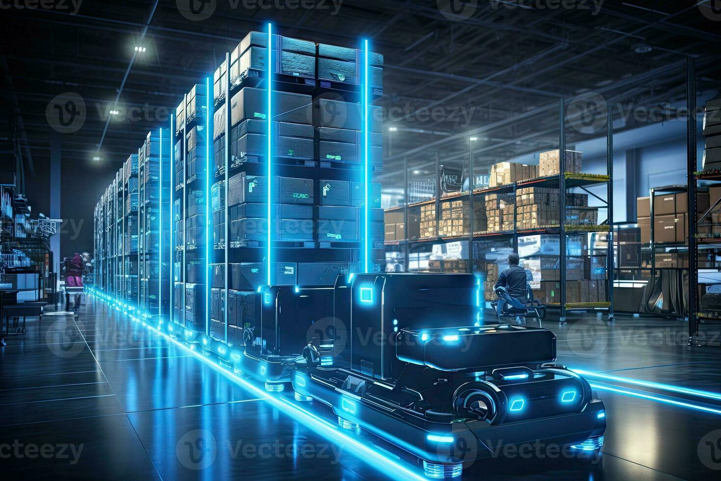 AI Generated A cargo transport robot is parked on the floor near shelves with merchandise in a spacious warehouse that is lit at night. by Generative AI photo