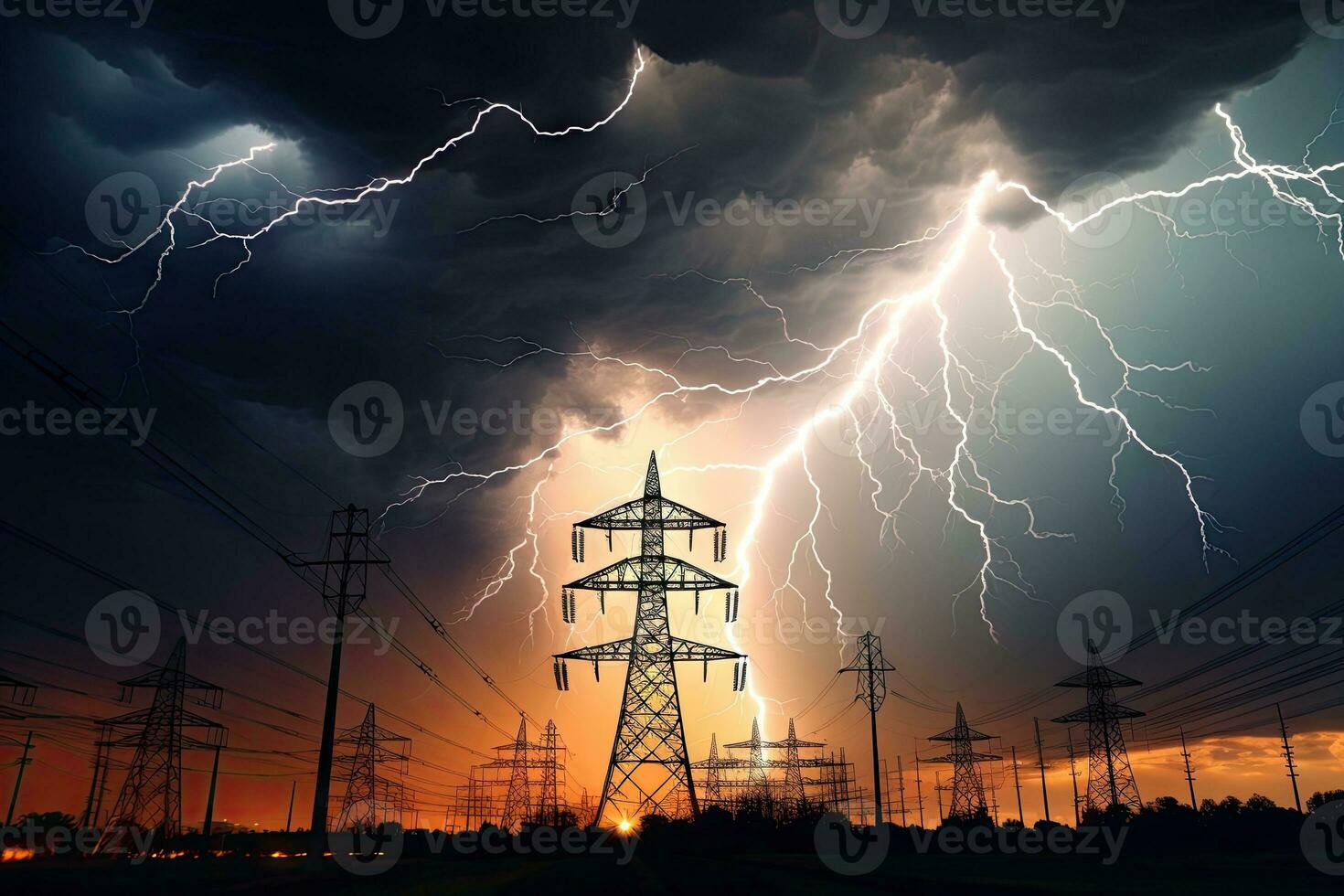 AI Generated image of intense downpour, tempest with lightning and gloomy skies above electrical towers.by Generative AI photo