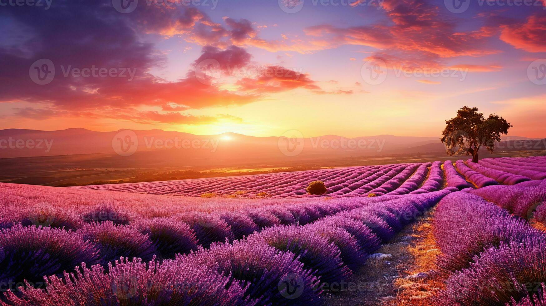 ai generado maravilloso paisaje increíble verano paisaje de floreciente lavanda flores foto