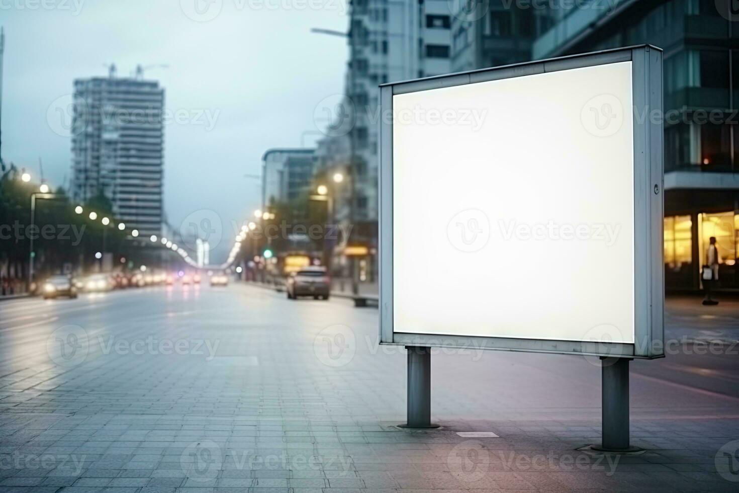 ai generado vacío cartelera en edificio vacío de al aire libre información señales personas paso por en el borroso la carretera por generado ai foto