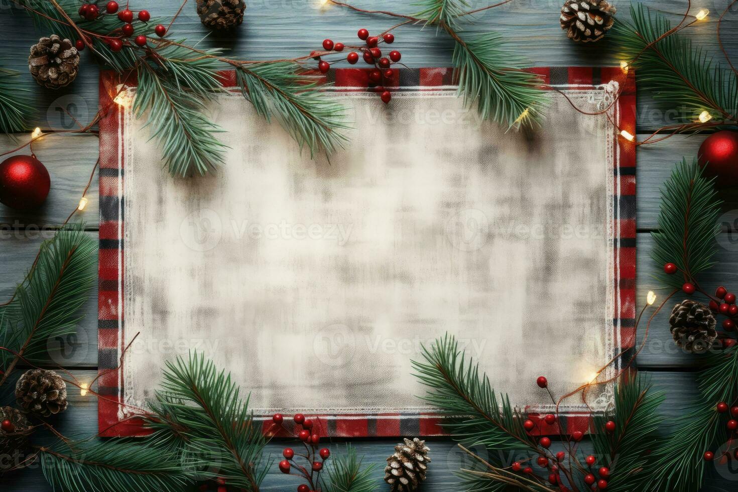 AI Generated Frame for Christmas party invitations, rectangle, retro winter theme, Christmas leaves, felt blanket, fairy lights, cozy atmosphere, Christmas tree and incandescent Christmas lights by photo