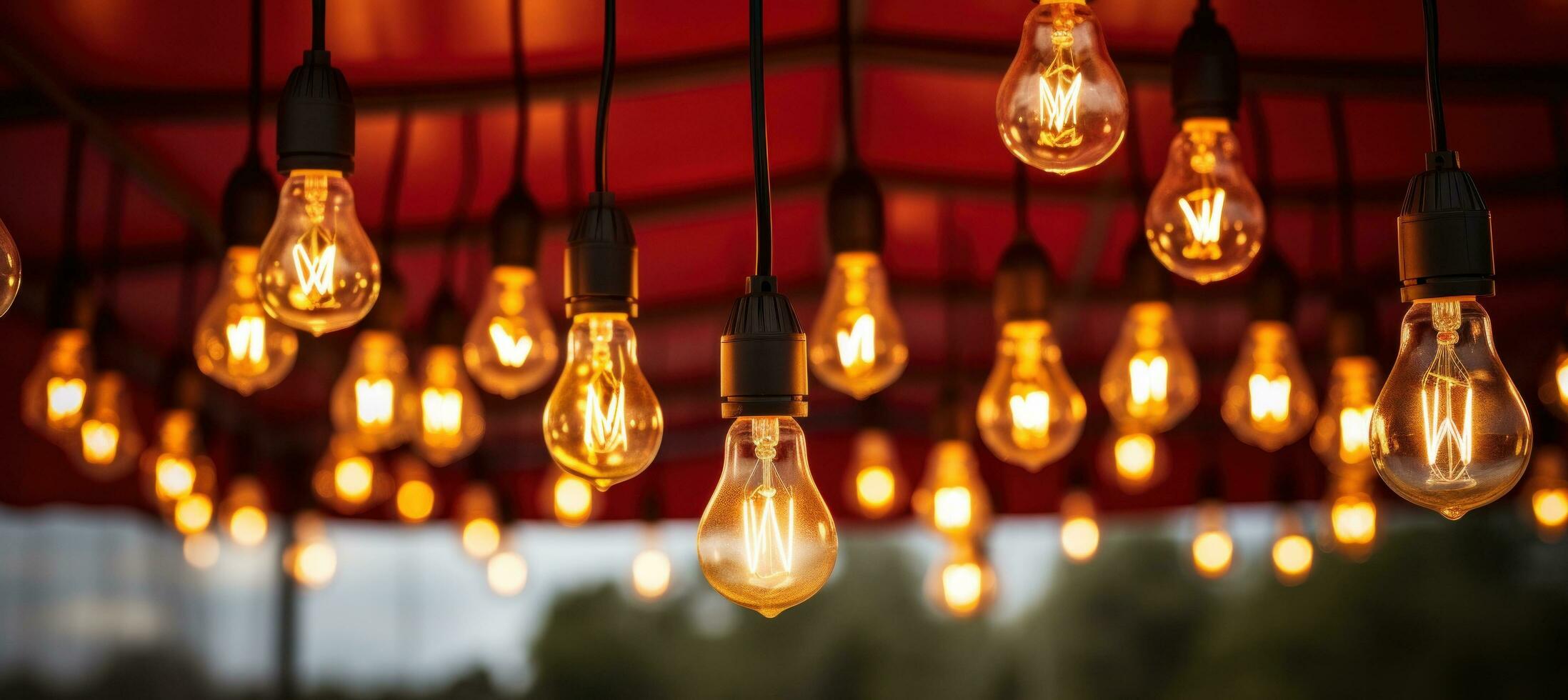 AI generated light bulbs hanging in a tent at night photo