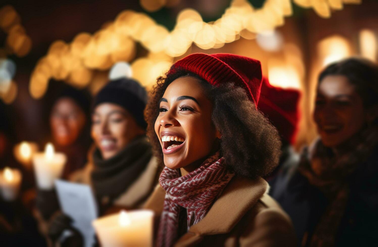 ai generado grupo de personas canto Navidad villancicos foto