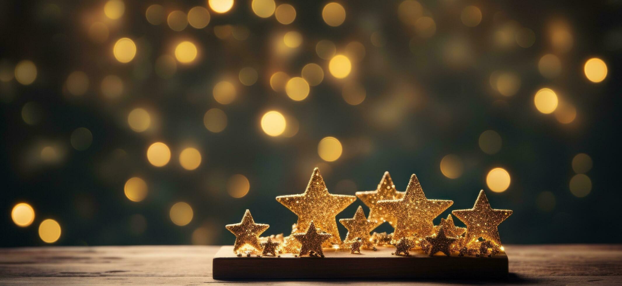AI generated golden stars on blue background with bokeh reflection photo