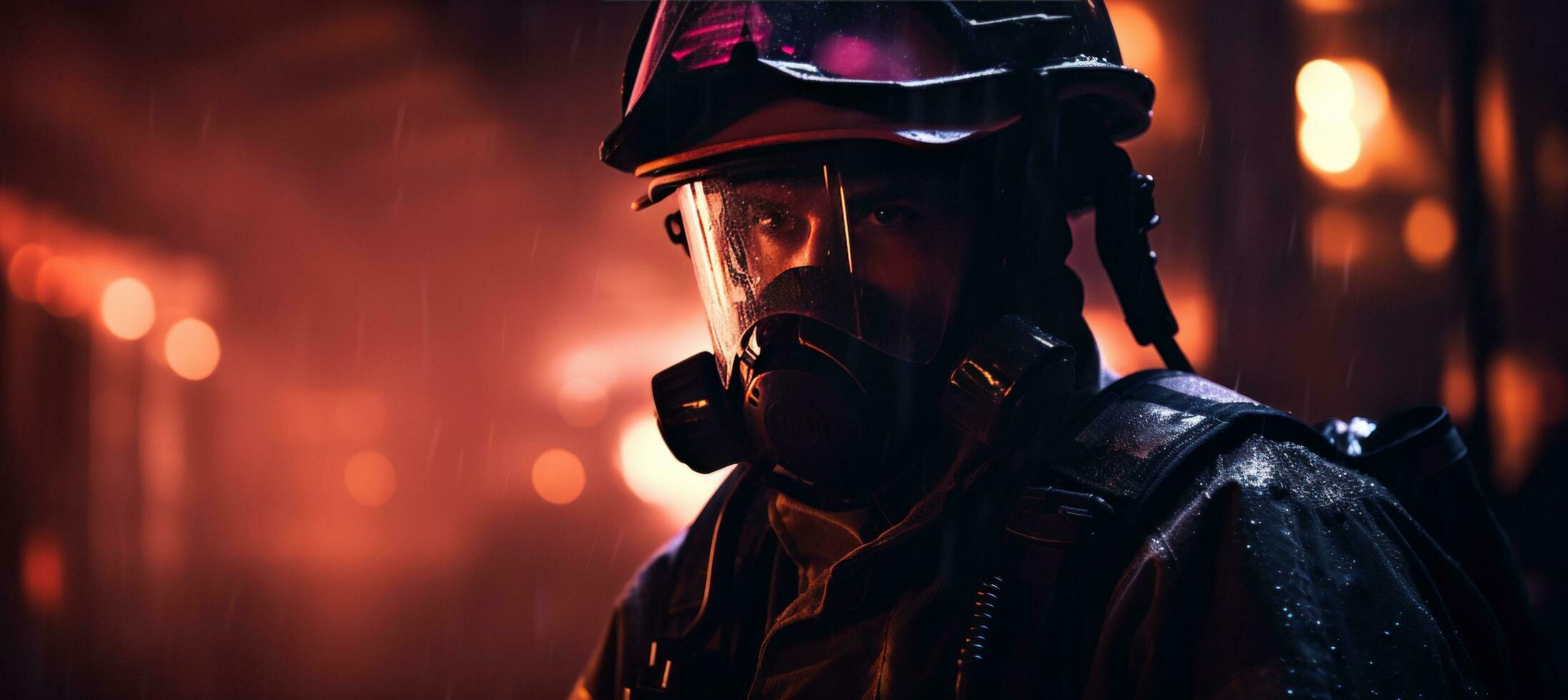 AI generated firefighter in gloves and vests in the dark photo
