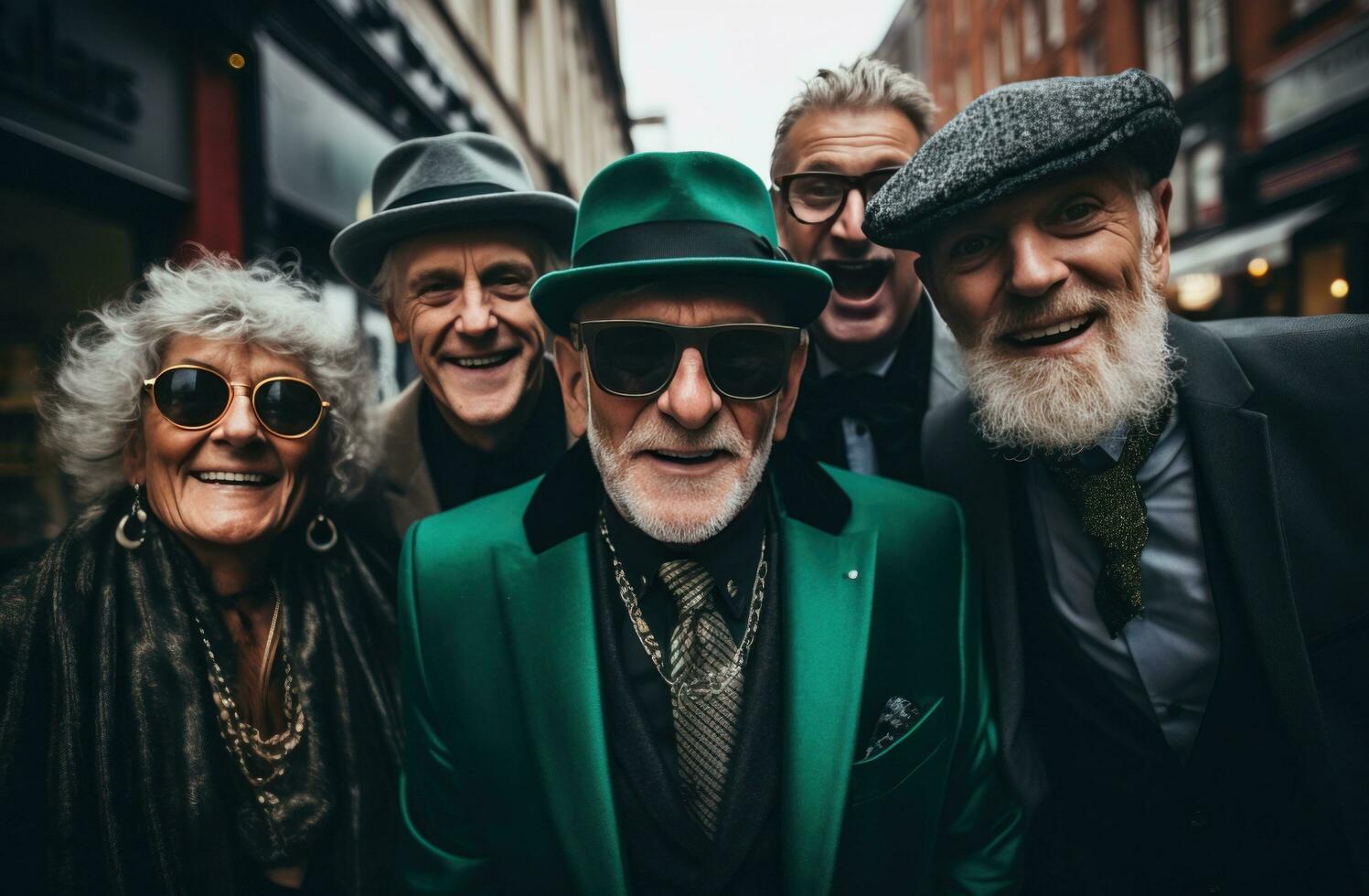 AI generated four elderly saint patrick's day citizens celebrating party with beer on a city street photo