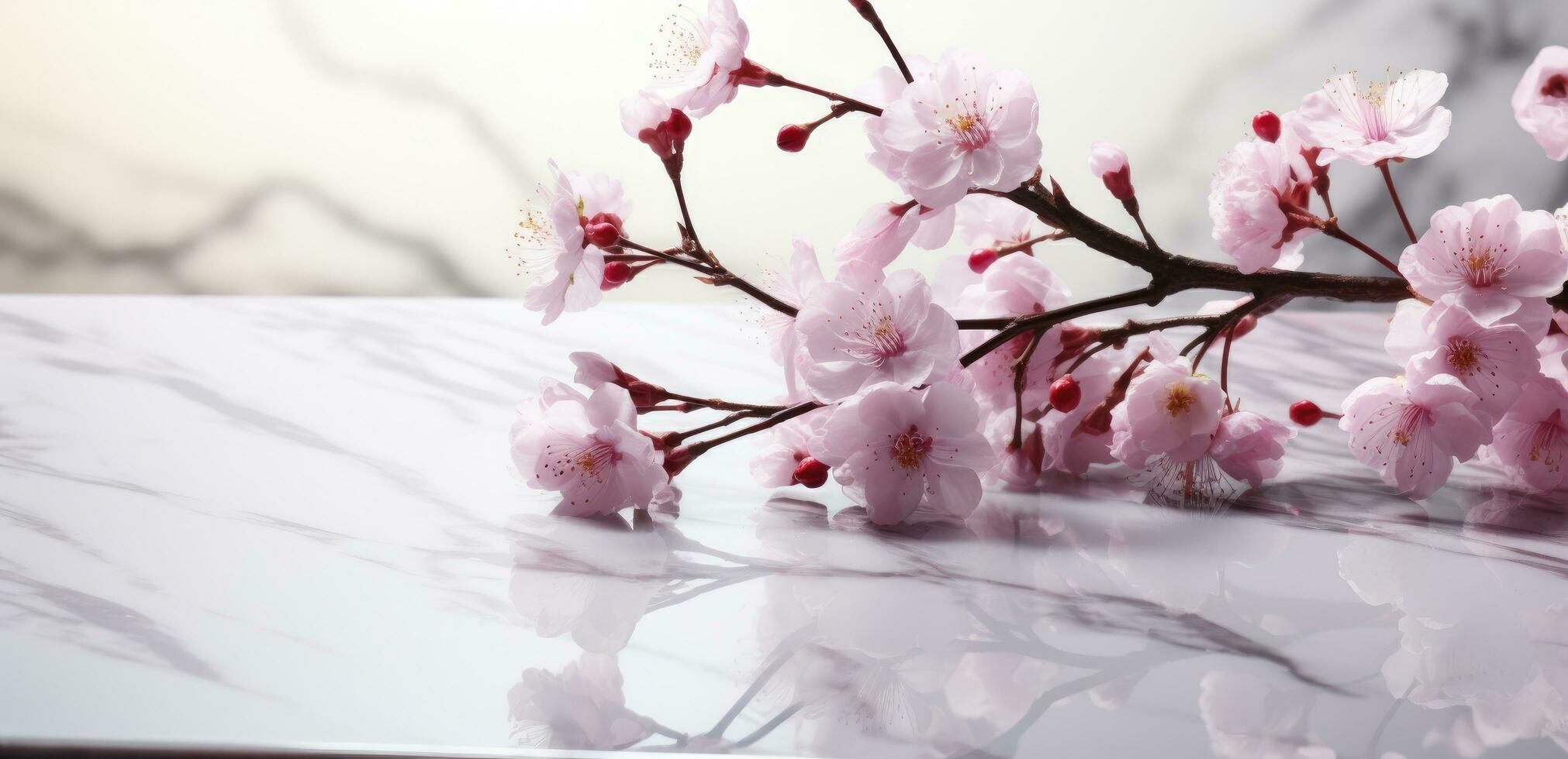 AI generated cherry blossoms blooming on a white table with a vase of water photo