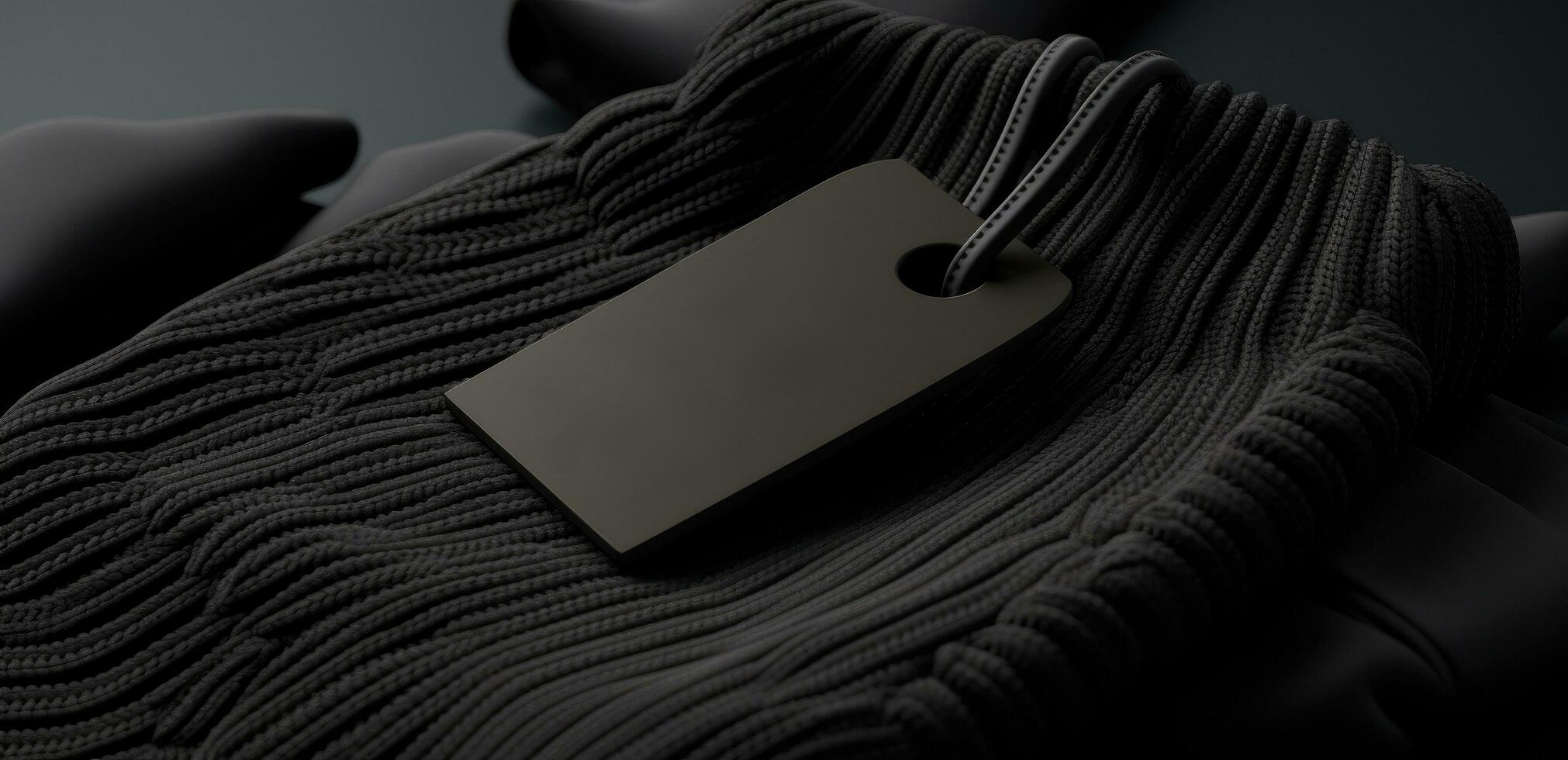 AI generated black ironing tag lying on the black sack of a sweater photo