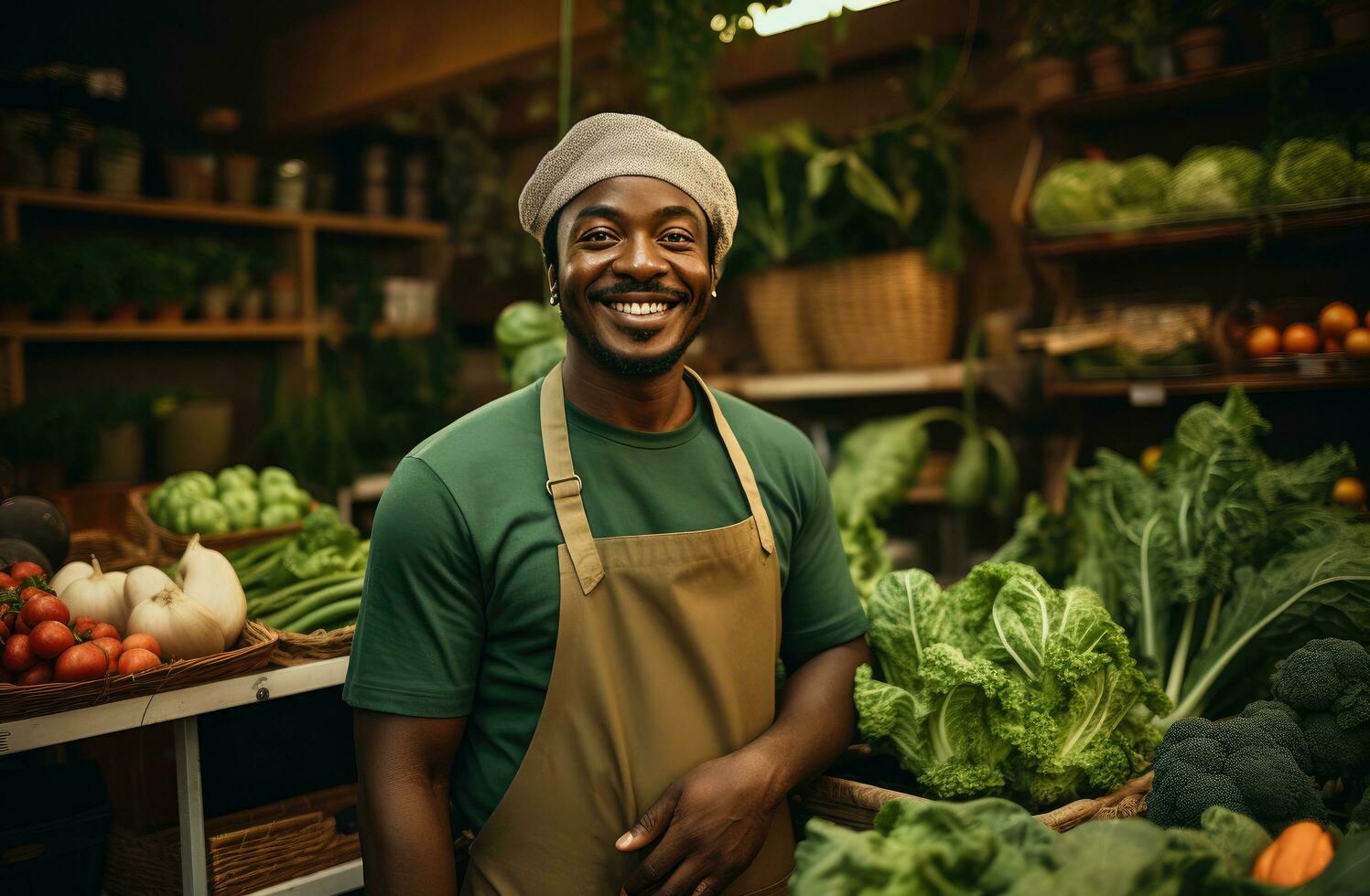 AI generated attractive farm worker smiling in front of vegetables in market stall photo