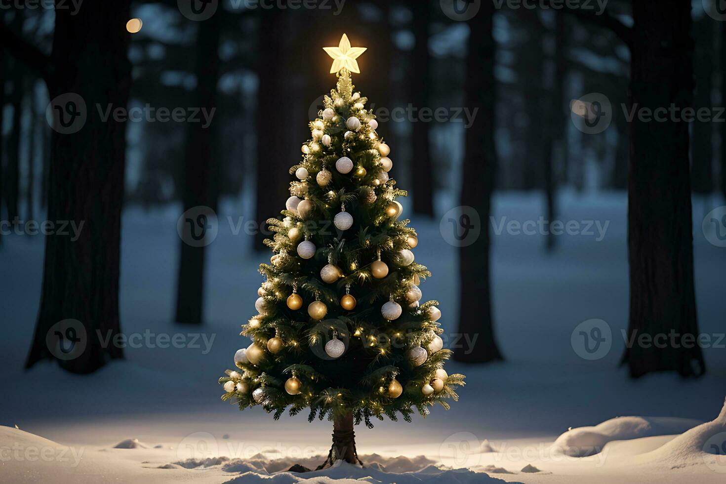 AI generated Christmas background. Christmas tree with twinkling lights at night photo