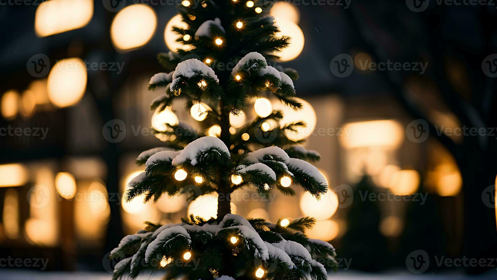 AI generated Christmas background. Christmas tree with twinkling lights at night photo