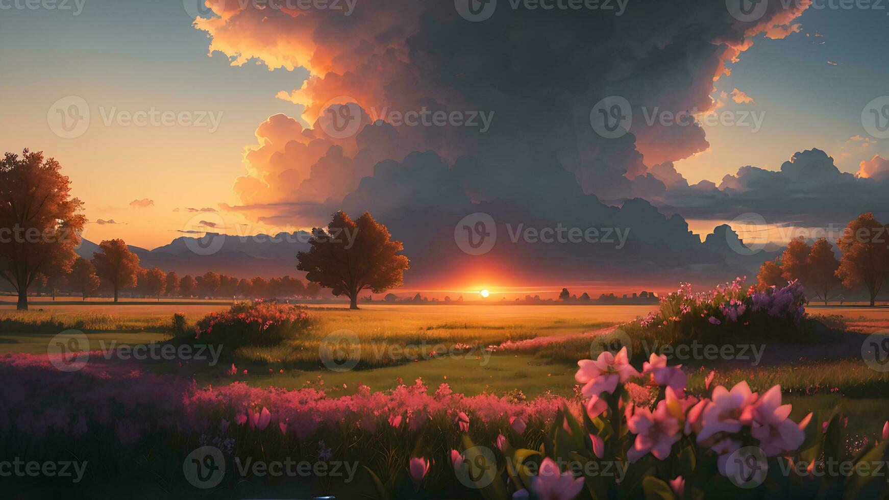 AI generated beautiful natural scenery. sunrise on meadow with lake photo