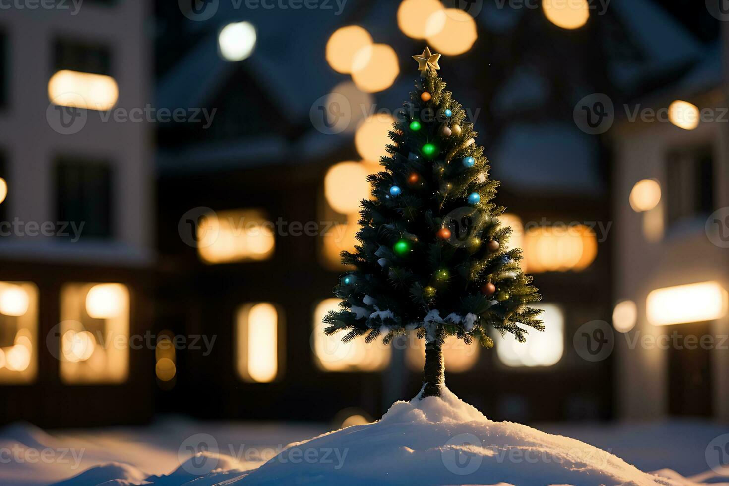 ai generado Navidad antecedentes. Navidad árbol con decoraciones a noche foto
