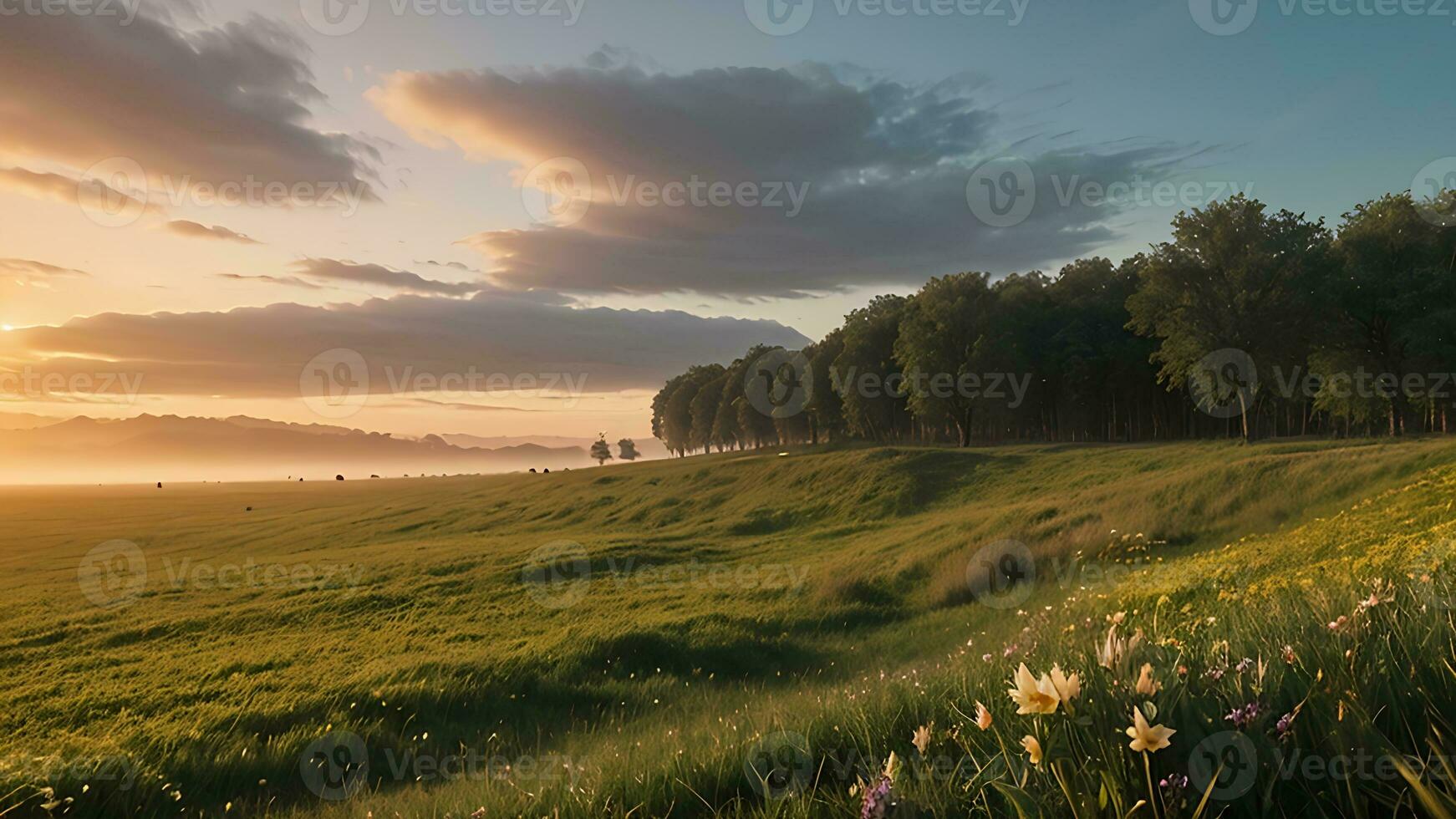 AI generated beautiful natural scenery. sunrise on meadow photo