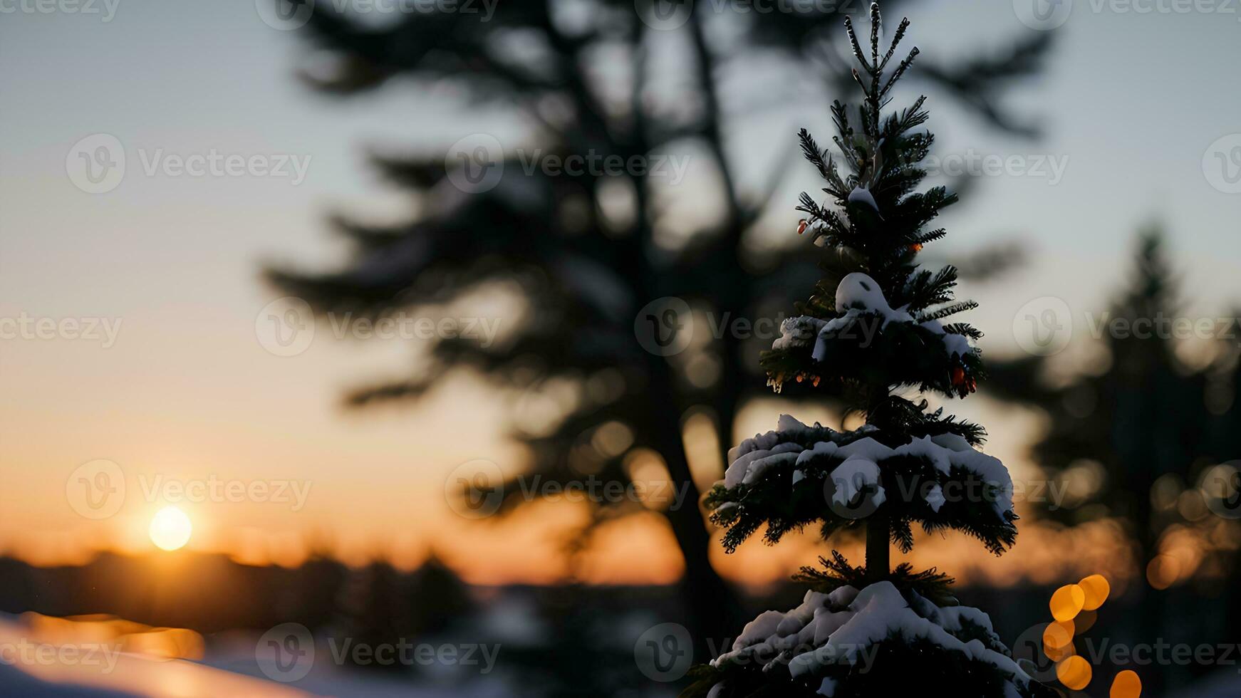 AI generated Christmas background. christmas tree covered with snow in the morning photo