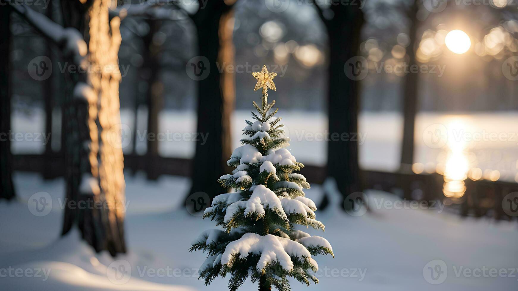 ai generado Navidad árbol en nieve con bokeh antecedentes. Navidad y nuevo año concepto. foto