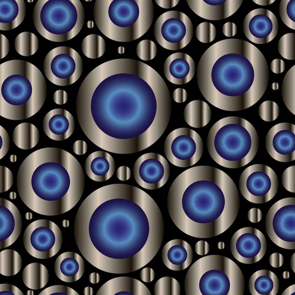 Abstract seamless pattern with blue balls on metal discs. Vector background. Big and small spherical balls futuristic print