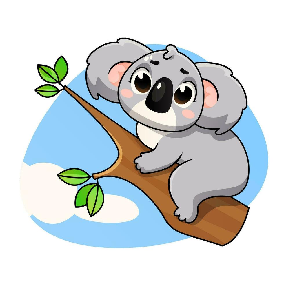 Cute koala is sitting on a tree branch against the sky, cartoon character. vector