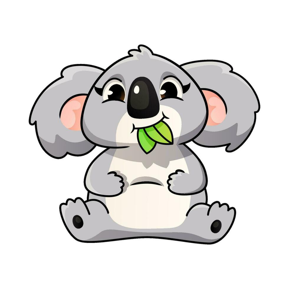 Cute cartoon koala sits and chews eucalyptus leaves. vector