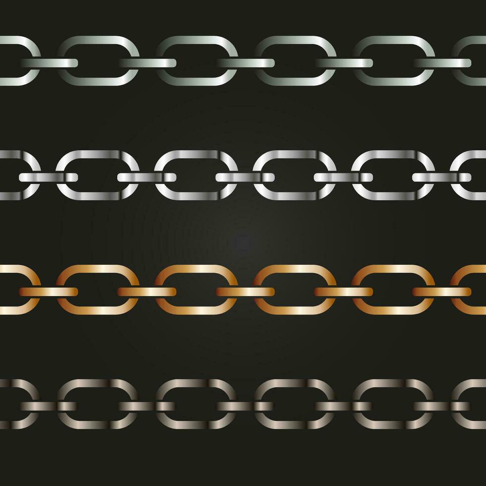 Silver and gold chains on a black background, Metal links repeat endlessly, Vector illustration