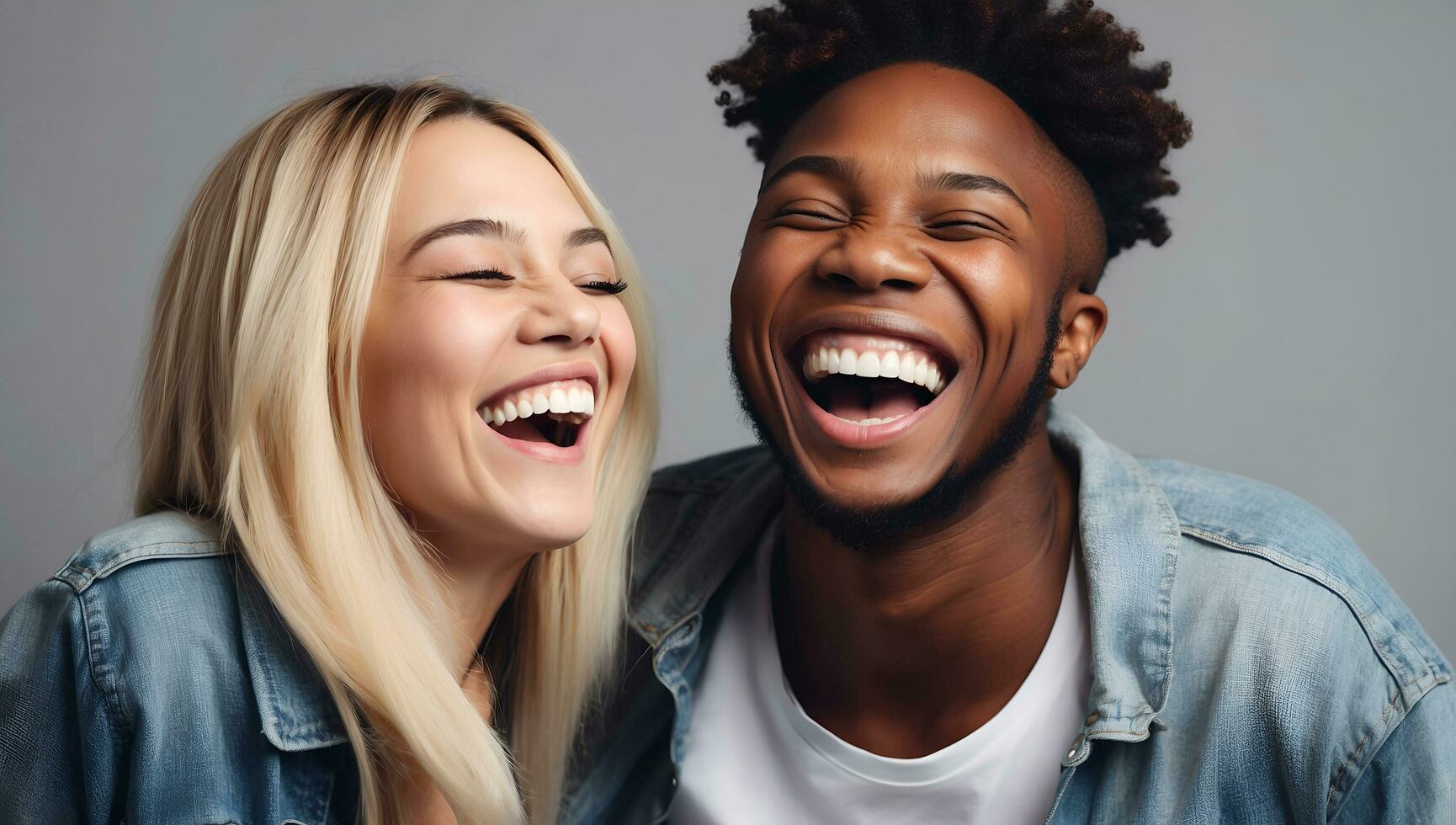 ai generado dos interracial mejor amigos riendo y teniendo un bueno hora juntos en un estudio foto