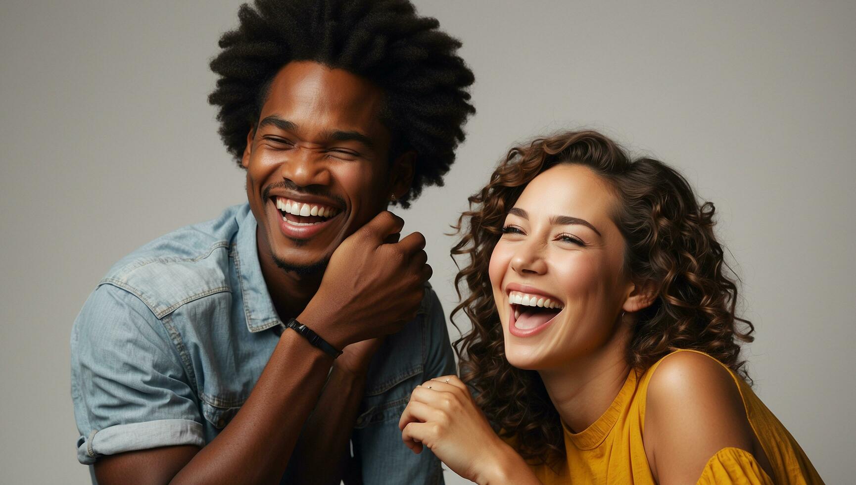 AI generated Two interracial best friends laughing and having a good time together in a studio photo