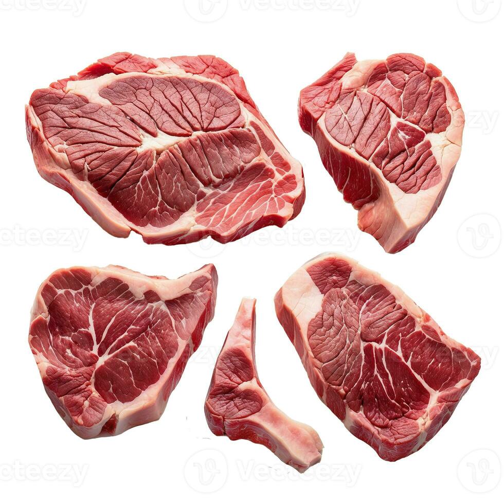 AI generated set of different raw beef steaks with an astonishing level of detail photo